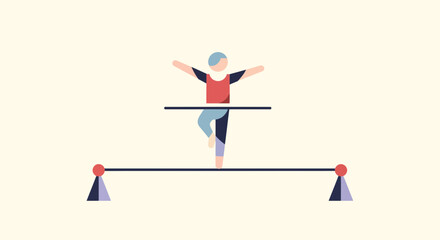 A gymnast balances on a tightrope with arms outstretched, illustrating the concept of equilibrium and focus in a minimalist flat design