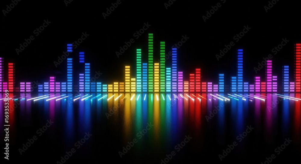 Poster vibrant spectrum of sound waves with colorful bars reflecting on a dark surface, creating a dynamic 
