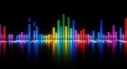 Vibrant spectrum of sound waves with colorful bars reflecting on a dark surface, creating a dynamic and energetic visual representation of music.