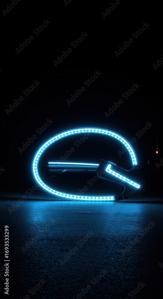 Poster a glowing, light-blue led circle encircles a dark object on a dark surface, casting a subtle reflect