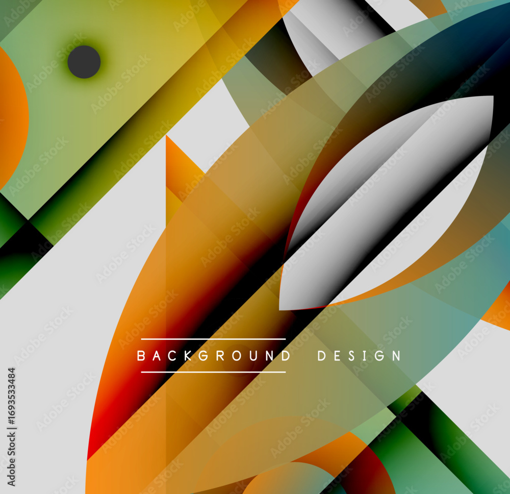 Poster Abstract geometric shapes overlap, creating vibrant color gradients. Design features dynamic composition, modern aesthetic.