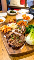 Grilled meat platter with various side dishes