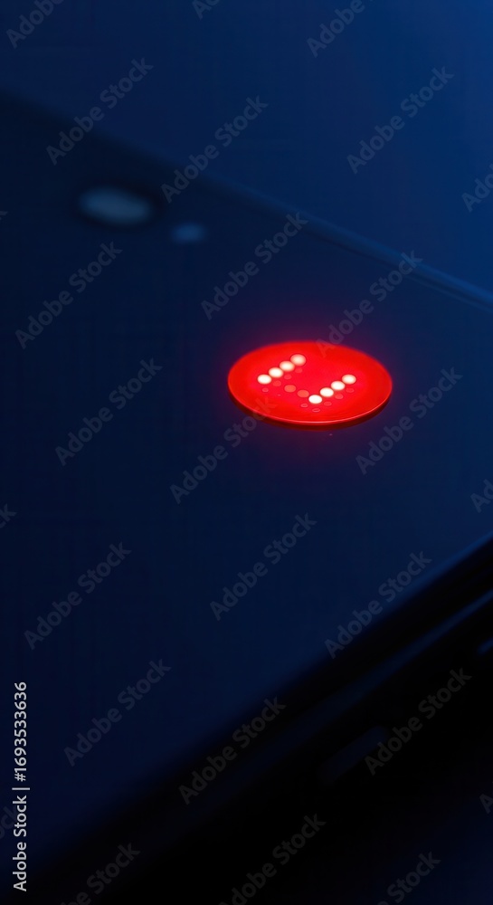 Poster close-up of a circular, red led indicator light on a dark surface, emitting a soft glow.