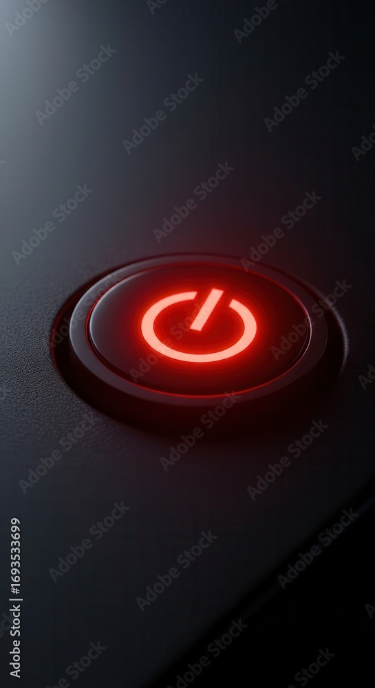 Poster close-up view of a glowing red power button on a dark gray surface, highlighting the detail and prec