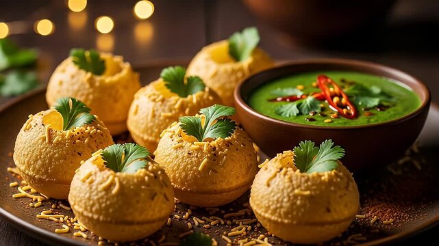 Delicious Golden Gol Gappa with Vibrant Green Sauce and Fresh Cilantro Garnishes Displayed on a Rustic Brown Plate with a Bowl of Sauce