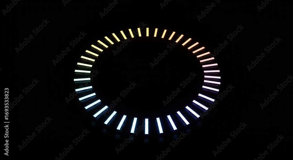 Poster a vibrant, radiant circular design composed of radiating colorful bars, creating a dynamic visual ef