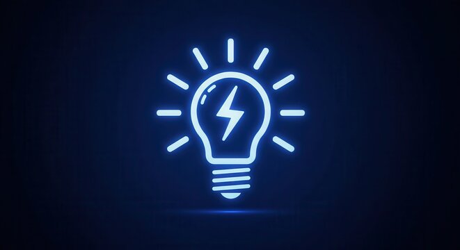 A glowing, bright blue neon lightbulb icon, symbolising innovative ideas.