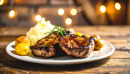 Grilled meat with mashed potatoes and roasted vegetables