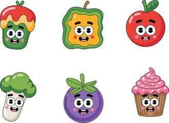 Cute cartoon vegetables and desserts with happy faces, smiling broccoli, apple, bell pepper, cupcake, colorful fun food characters illustration