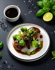 Grilled meat with sauce and garnish