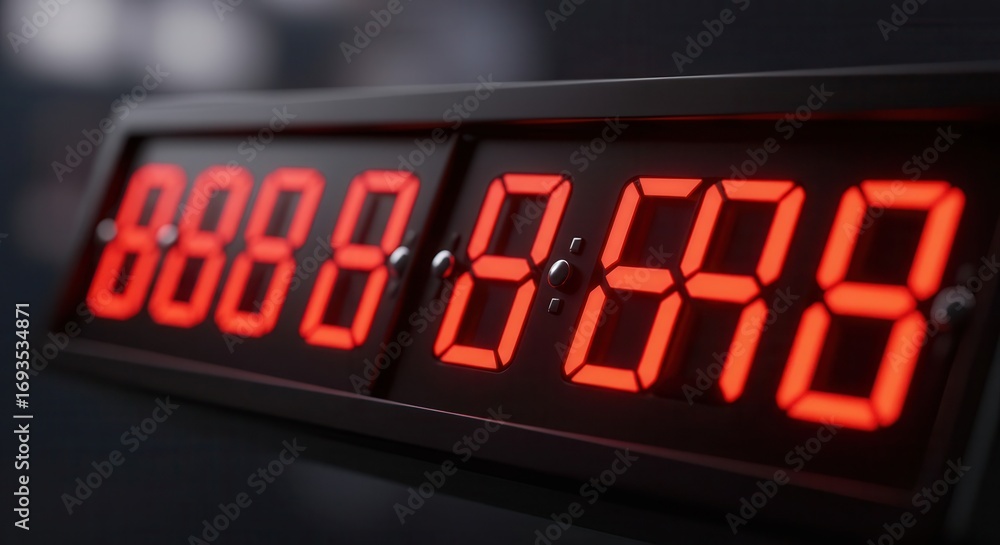 Poster a close-up view of a digital timer with bright red numerals displayed on a dark background.