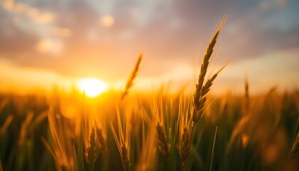 Fototapeta premium Golden wheat stalks bathed in the warm glow of a vibrant sunset.