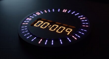 Circular digital clock displays the time, featuring glowing, vibrant yellow digits against a dark background, surrounded by colorful light accents.