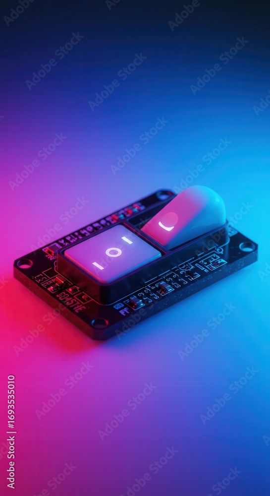 Poster a close-up of a circuit board with binary code switches illuminated by vibrant pink and blue light, 
