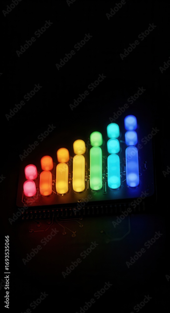 Poster a dark background showcases a circuit board with vibrant, rainbow-colored leds arranged in a graduat