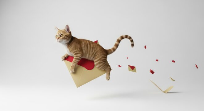 Playful Ginger Cat Riding a Paper Envelope with Red Accents and Confetti
