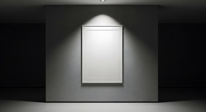 Modern art gallery interior spotlit empty frame dramatic lighting