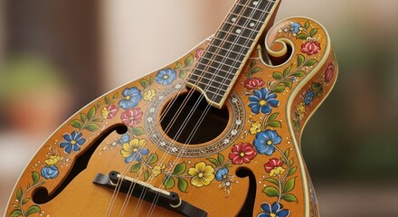 Ornate floral painted mandolin with strings and fretboard detail, musical instrument