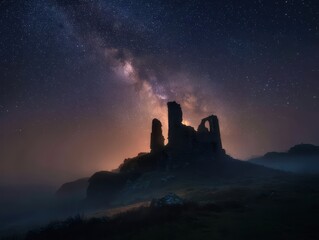 Ancient castle ruins silhouetted against a vibrant Milky Way galaxy and glowing night sky.