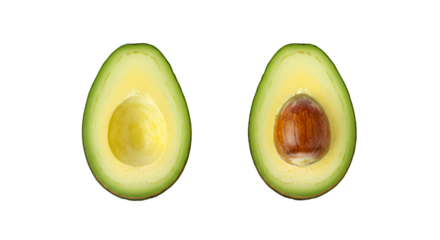 Perfectly Cut Avocado Halves with and Without Pit on Dark Background