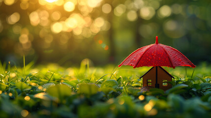 Miniature house under red umbrella in a grassy field, symbolizing protection and security.
