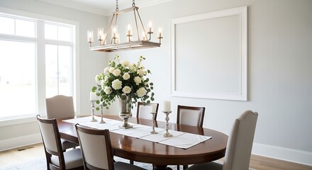 Elegant modern dining room with chandelier and floral arrangement