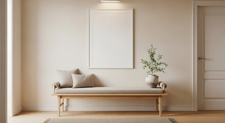 Serene modern interior design with a minimalist bench and artwork