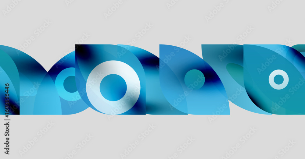 Poster abstract design features overlapping blue shapes, circles, gray background. modern, dynamic composit