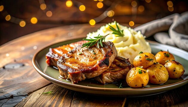 Grilled pork chops with mashed potatoes and roasted potatoes