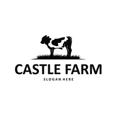 Livestock farm design concept cow logo with black silhouette of cow, design for farm, farmer, brand, business and poster template as icon symbol illustration