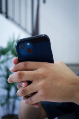 Modern Close Up Man Holding Black Mobile Phone Technology Gadget