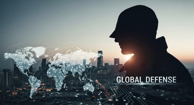 Silhouette figure with world map overlay against a cityscape at dusk, "Global Defense" text