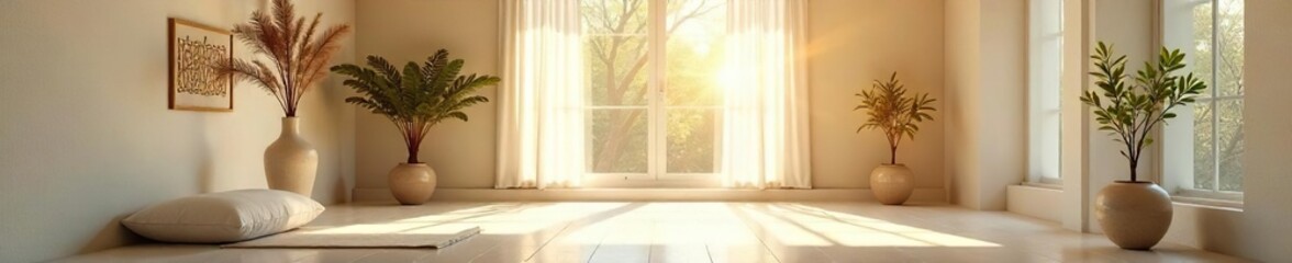 Fototapeta premium Serene scene of a minimalist meditation studio, sunlight streaming through a window illuminating a tranquil space with calming decor, perfect for mindful practice , atmosphere, yoga studio, harmony