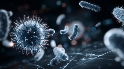 The networked hospital: a journey through medical innovation. Viral particles. Visualizing medical icons in a cutting-edge digital interface. Pathogen exposure. Airborne pathogens.