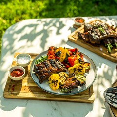 Grilled ribs and vegetables on a patio