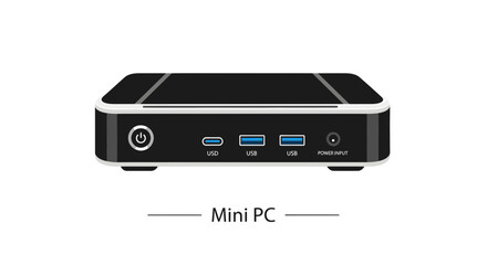 Fototapeta premium Vector illustration of a modern compact mini PC with various ports. Simple flat design of a small form factor computer isolated on a white background