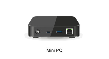 Vector illustration of a sleek, compact mini PC, showcasing its various essential connectivity ports for modern computing in a clean, flat design on an isolated white background