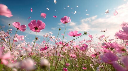Obraz premium Pink cosmos flowers and leaves in the garden with petals flying