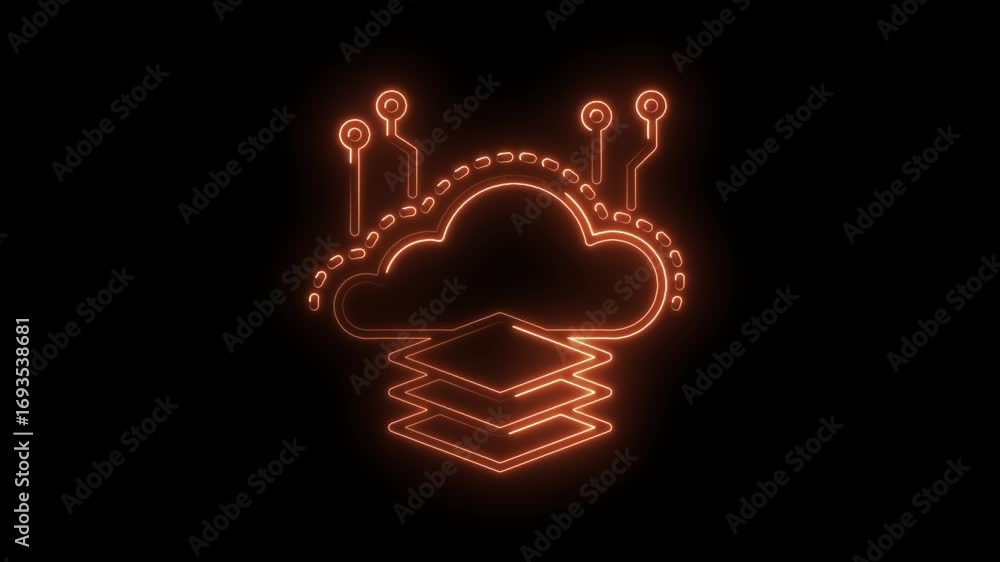 Poster neon cloud computing layers with data servers connecting on dark background animation