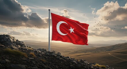 Turkish Flag on a Hill: The iconic Turkish flag flutters proudly against a dramatic sky. The image captures a sense of national pride and freedom, with a backdrop of rolling hills and clouds.