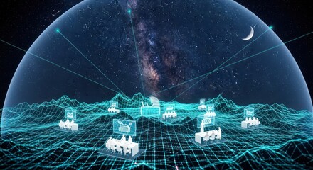 Interconnected virtual meetings on a digital landscape with a cosmic backdrop creating a