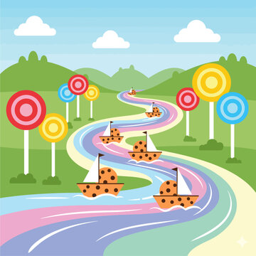 Colorful Candyland River with Cookie Ships: A whimsical scene for children.