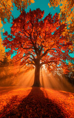 Autumn landscape with tree and sun