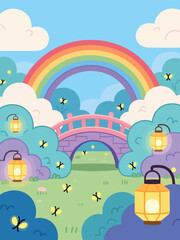 Enchanted garden scene with rainbow and lanterns.