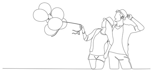 continuous line of the intimacy of a couple happily playing with balloons