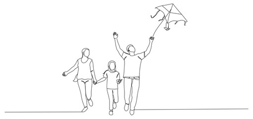 continuous line, a family, father and mother, children playing kites happily eps 2