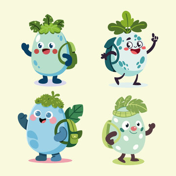 Cute cartoon egg creatures with backpacks ready for adventure.