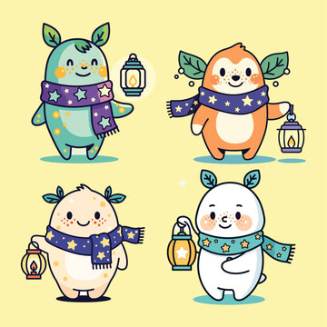 Cute Cartoon Creatures Holding Lanterns, Perfect for Kids' Products