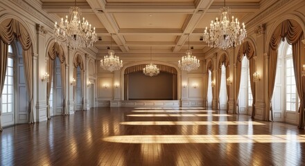 Elegant Empty Ballroom with Crystal Chandeliers and Sunlight.