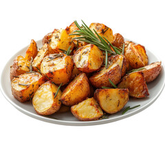 Golden roasted potatoes seasoned with rosemary served on a white plate against a perfect for side dishes and holiday meals on transparent background